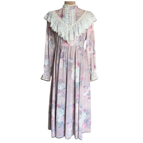 Vintage Floral Stretchy Velvet Prairie Dress M Ruffle Lace Yoke Cottagecore Maxi - Picture 1 of 13